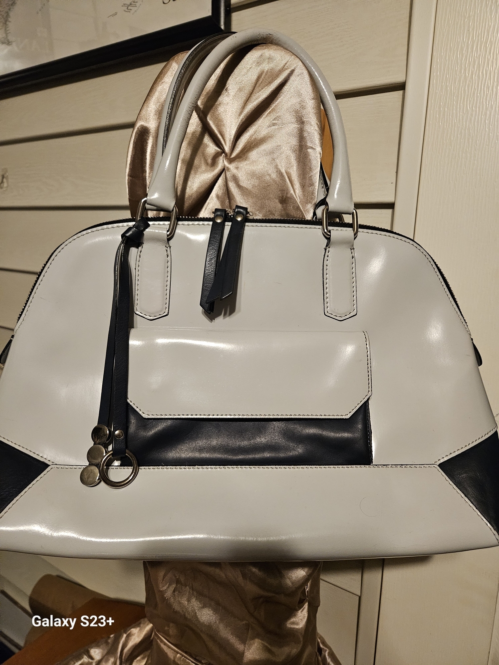 A. Bellucci Italian Leather Women's Two-Tone Satchel Handbag in White and Navy